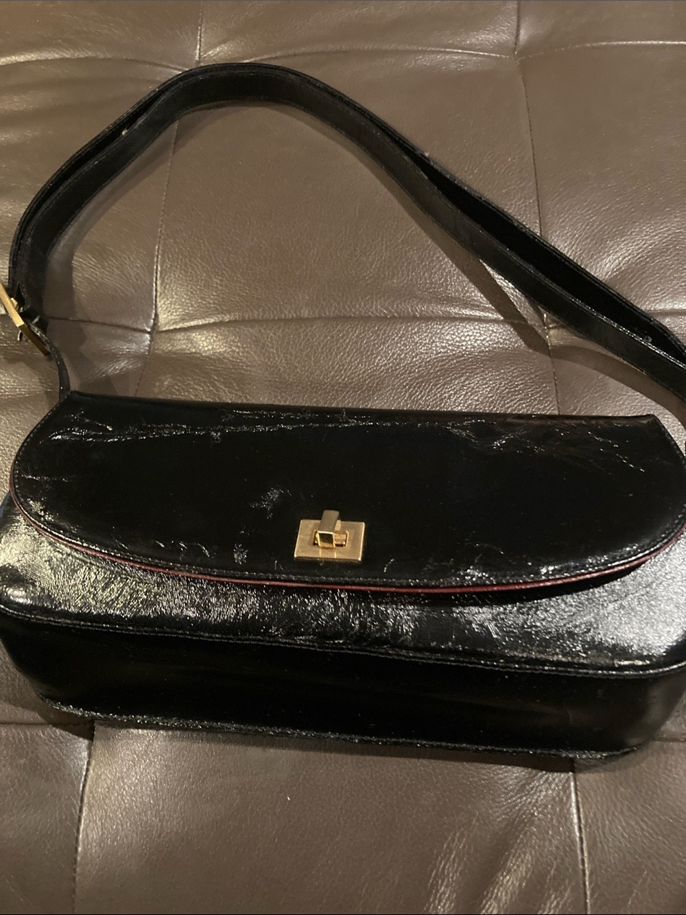 Francesco Biasia Black Patent Leather Shoulder Bag with Gold Turn-Lock